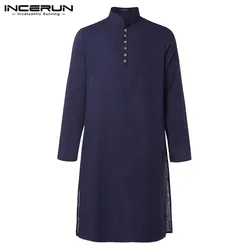 INCERUN Vintage Stand Collar Shirts Mens Long Sleeve Buttons Islamic Blouse Casual Solid Color Long Style Muslim Clothing S-5XL