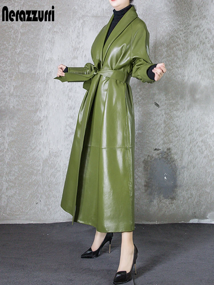 Trench in pelle morbida Extra lunga Nerazzurri per donna 2021 cintura con collo a scialle Plus Size elegante soprabito di moda di lusso