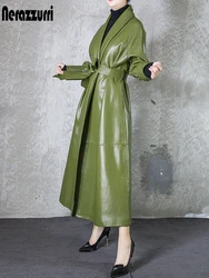 Nerazzurri Spring Autumn Extra Long Soft Leather Trench Coat for Women 2022 Shawl Collar Belt Elegant Luxury Fashion Overcoat