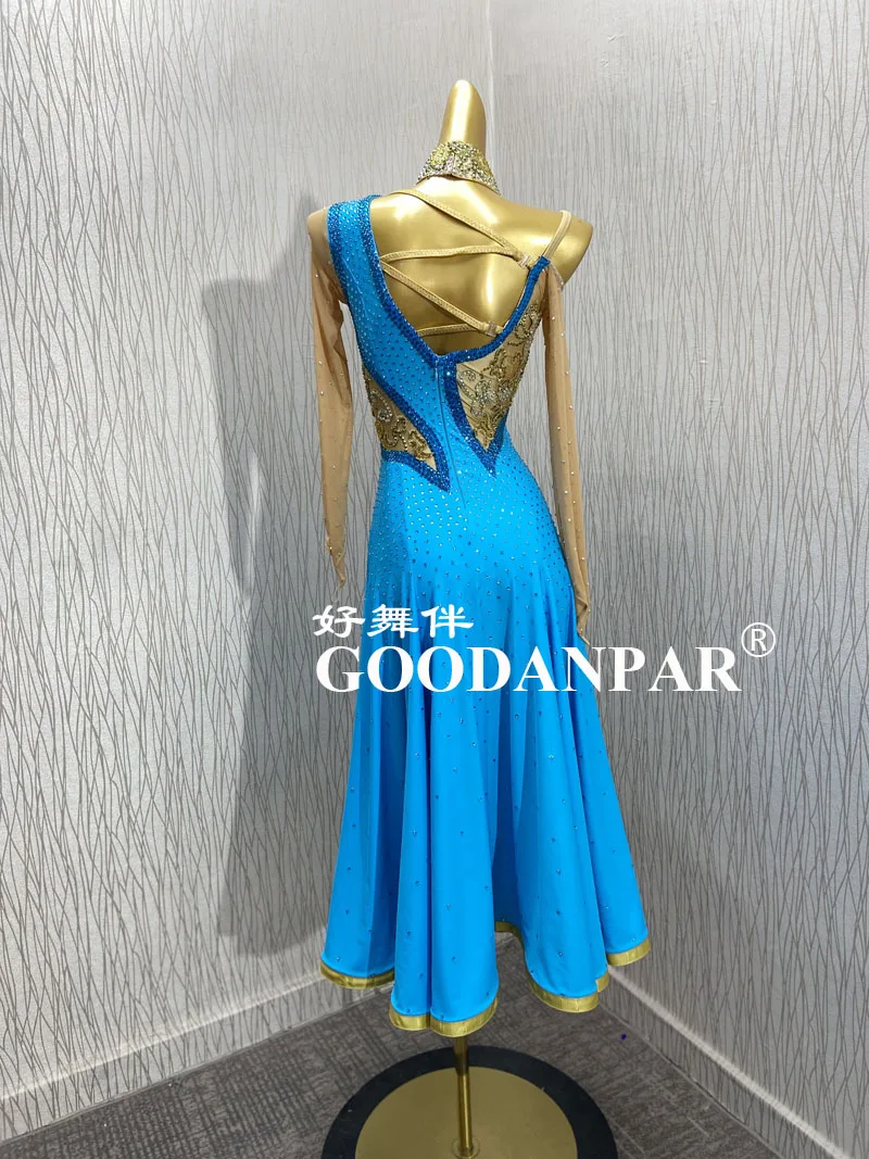 GOODANPAR new Modern Competition Waltz Tango Ballroom Dance Dress Standard Girls Women bule smooth dress Long Sleeve