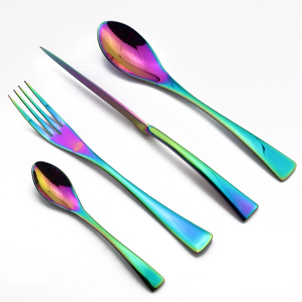 4Pcs/set Rainbow Stainless Steel Dinnerware Polishing Cutlery Set Kitchen Tableware Fork Steak Knife TeaSpoon Dinner Set