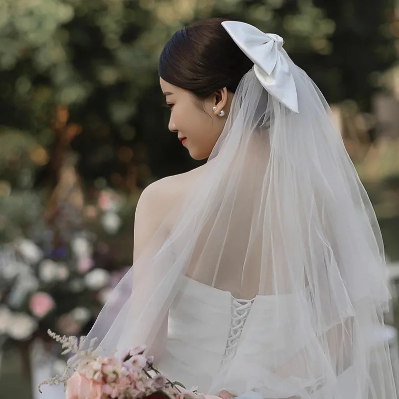 Bowknot Silk long veil bride hair wear Satin Bow Veil church beach wedding Hair Ornament