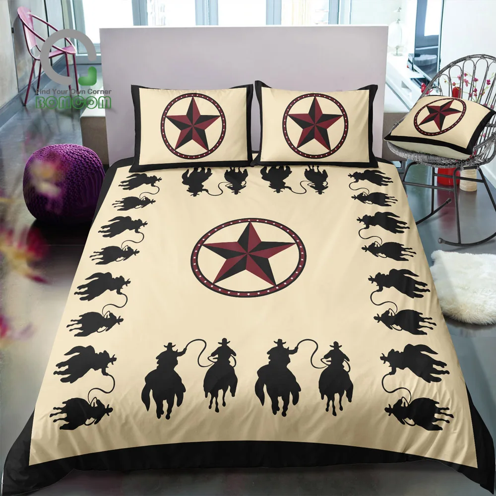 BOMCOM Digital Printing Bedding Set Cowboy Riding Silhouette Wild West Red Star Duvet Cover 100% Microfiber