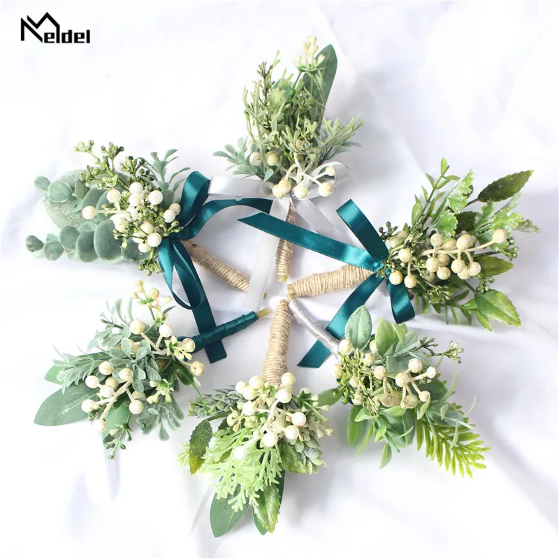 Meldel-pulsera de ramillete para novio, ramillete de boda, ramillete de flores, ramillete de planta verde, brazalete de dama de honor