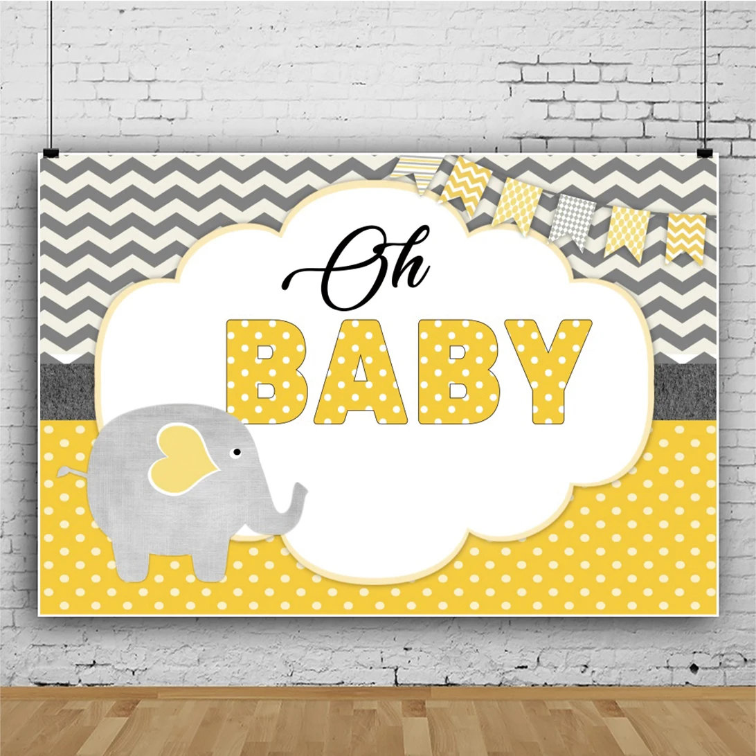 Laeacco การ์ตูนช้างเด็กวันเกิดพื้นหลังแบนเนอร์สีเหลือง Dot Polka ภาพที่กำหนดเองถ่ายภาพฉากหลัง