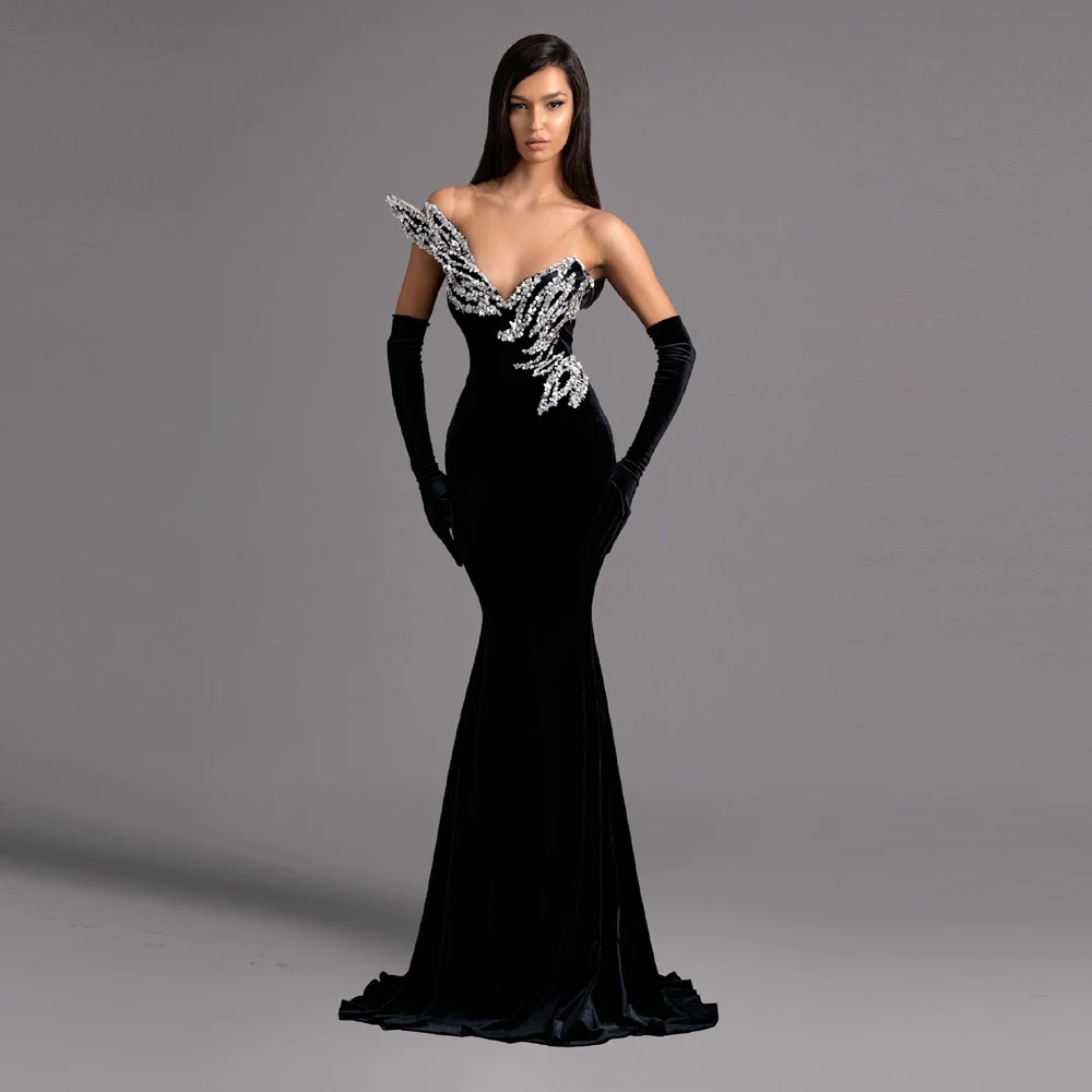 Yipeisha Delicate Beaded Black Prom Dresses Sheer Neck Mermaid Evening Party Dress Long Velour Formal Gown Customized