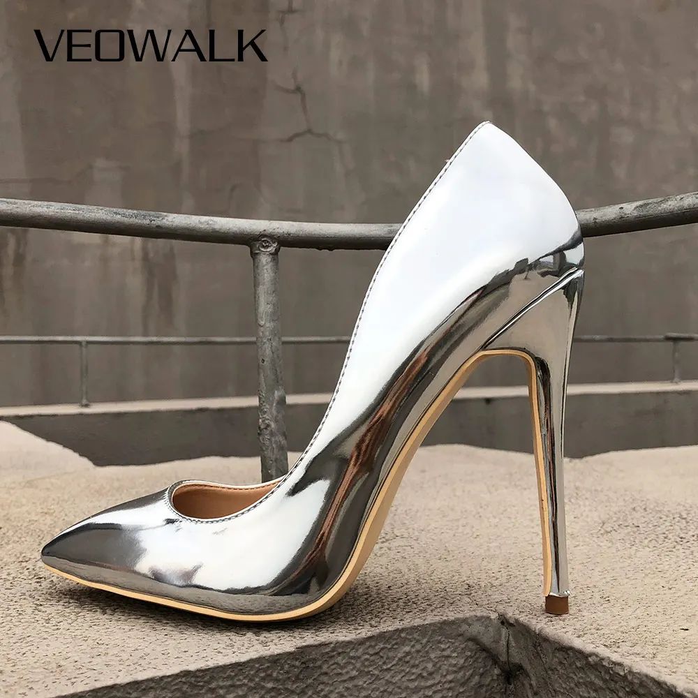 Veowalk Glossy Silver Patent Leather Women Sexy Pointed Toe High Heel Shoes Ladies Fashion Party Stiletto Pumps Customize Accept