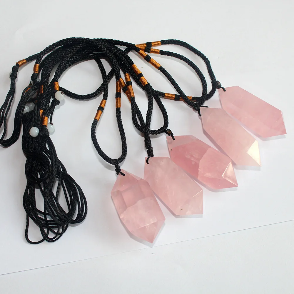 Natural pink quartz pendant double points crystal stone jewelry column double-pointed hexagonal prism crystal necklace