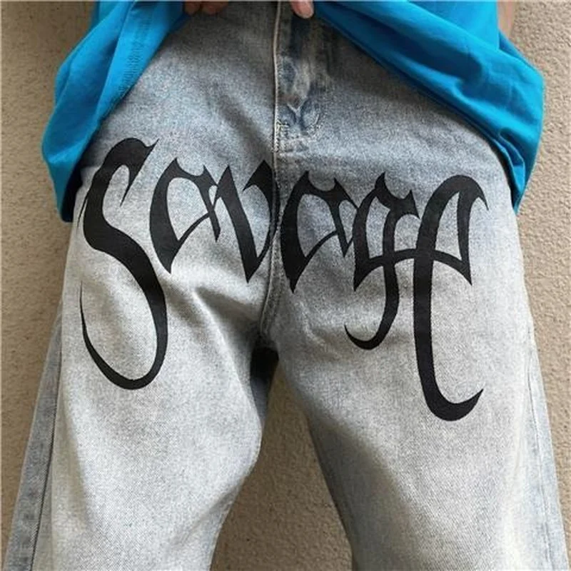 American Streetwear Pants Mens Jeans Letter Printed Jeans Loose Retro Vintage High Street Daddy Pants Original Fashion Brand