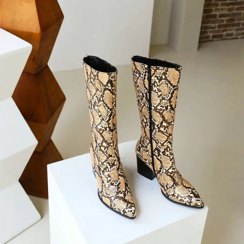 Blue Brown White Women Knee High Boots PU Leather Snake Print Zipper Ladies Calgary Boots Pointed Toe Square Heel Women\'s Boots