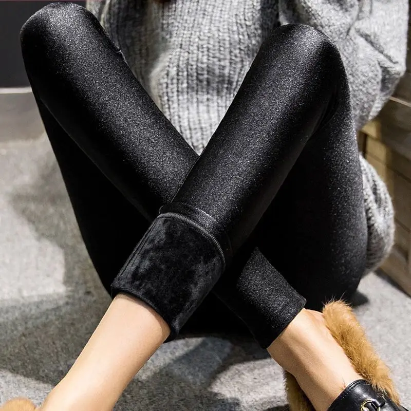 Herbst Winter Dicke Leggings Fashion Solid Dünne Hosen Dame Fleece Warme Leggings Casual Schwarz Glänzende Hohe Taille Leggings – Detail 9