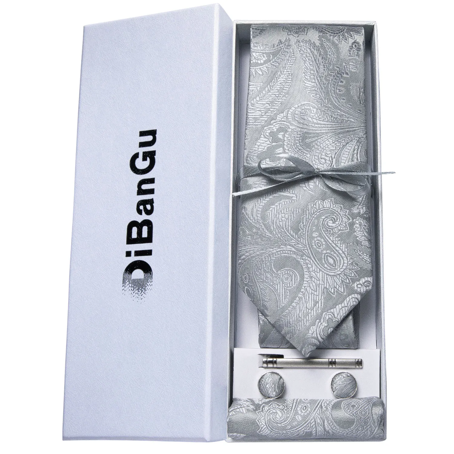 

New Designer Mens Necktie Silver Paisley Wedding Tie For Men Hanky Cufflink Silk Gift Box Tie Set DiBanGu Business Party DB-7185