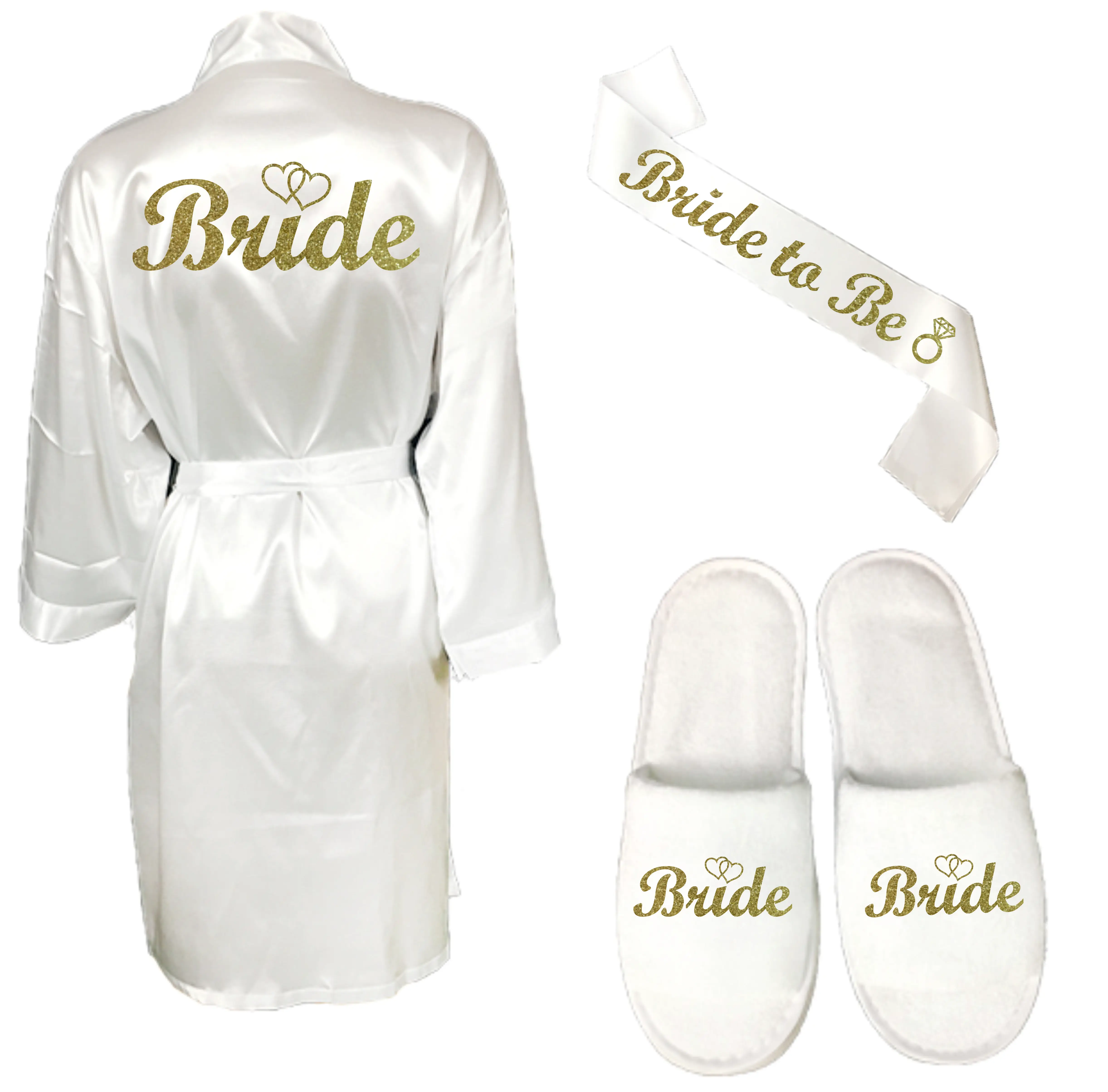 PARARTDIY 3pc set of glitter gold bride satin short bride robe slippers bridal sash peignoir women Bridal Party 2019 kimono robe