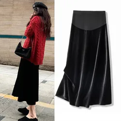 Winter Warm Maternity Skirt Long Fashion Pleated Velvet Maternity Skirts for Pregnant Women Large Size Pregnancy Skirt