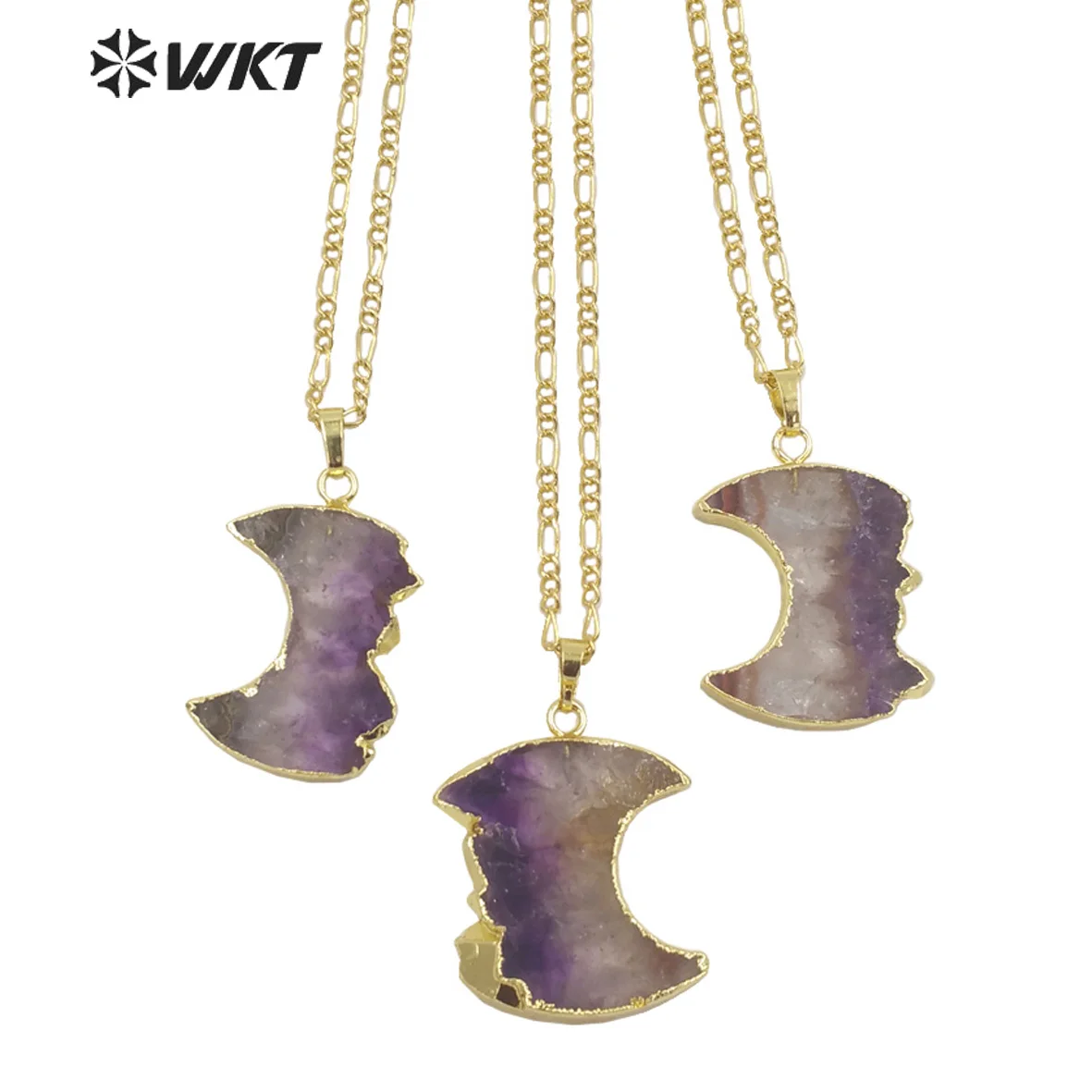 

WT-N1316 Newest fashion gold trim half moon Amethysts stone necklace Hot Slice Crescent moon pendant necklace in natural