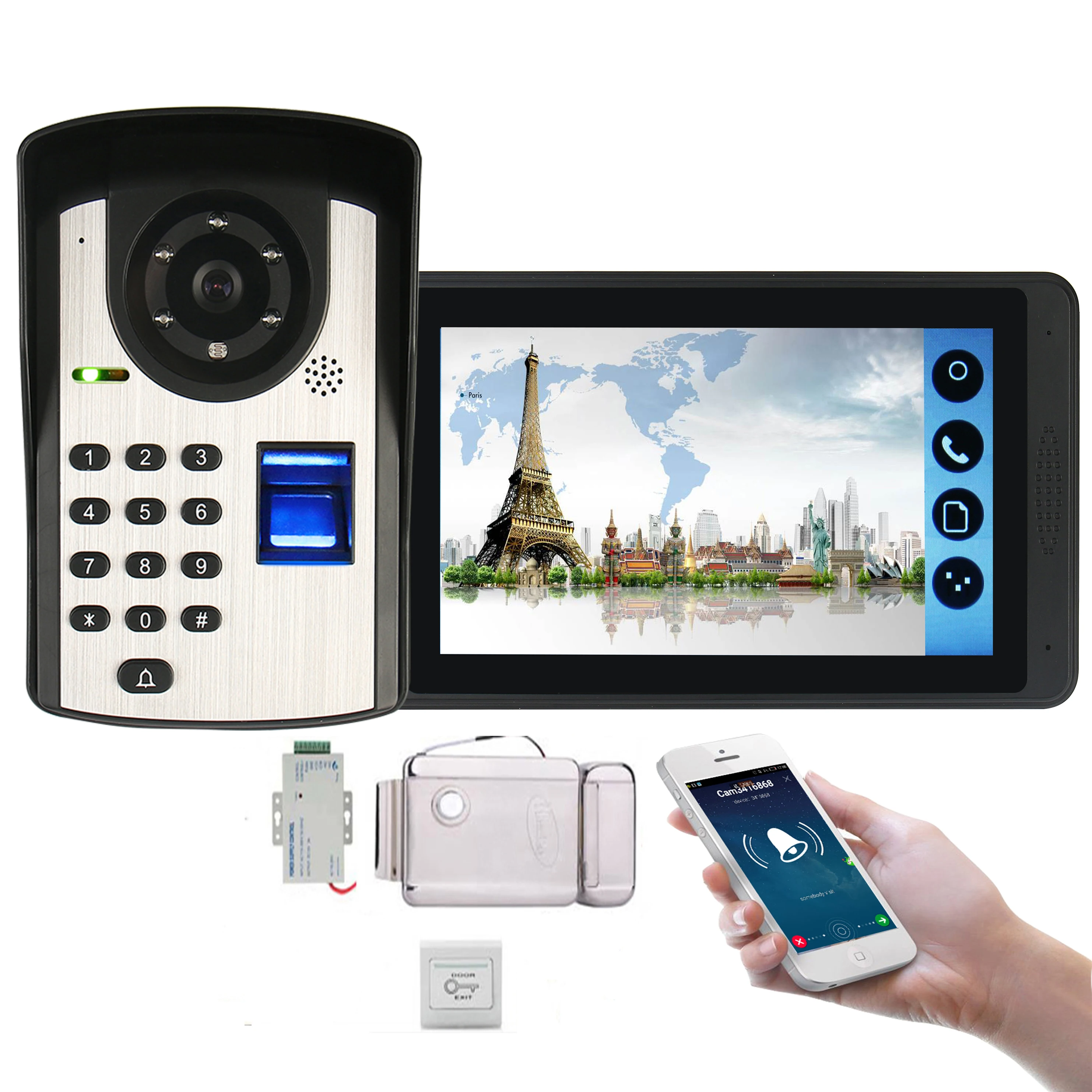 Fingerprint Passwort Entsperren Video Intercom 7 Zoll Monitor Wifi Wireless Video Tür Telefon Türklingel Intercom KIT + Tür Öffnung Lock