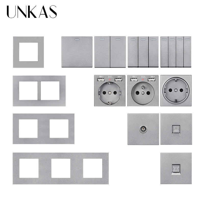 UNKAS Modules DIY Combination Free Matching French EU Socket USB Charger TV RJ12 Telephone RJ45 Computer Gray PC Plastic Panel