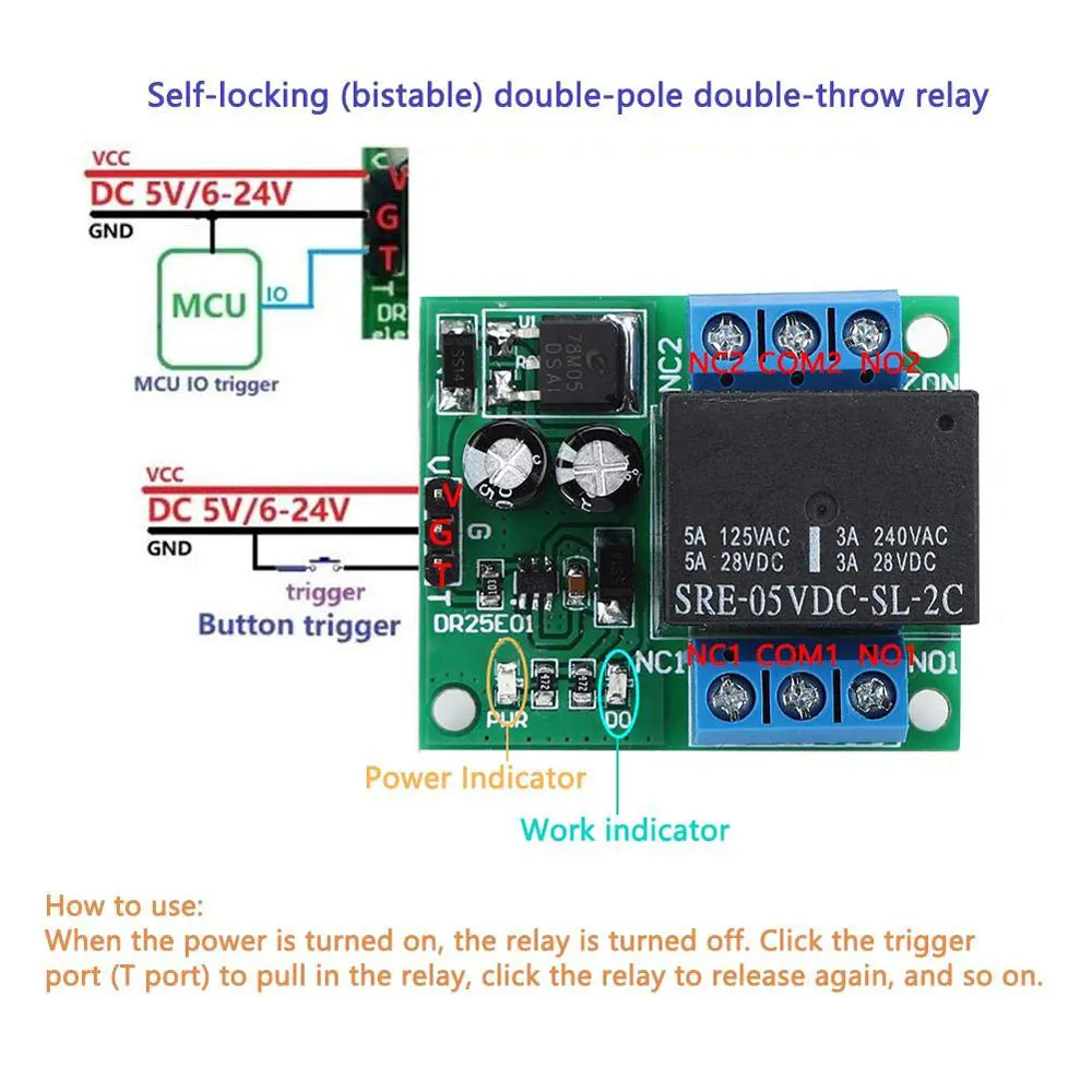 DC5V/6-24V Relay Module Self-Locking DPDT Relay Module Double Pole Double Throw Bistable Relay Switch Board for Arduino