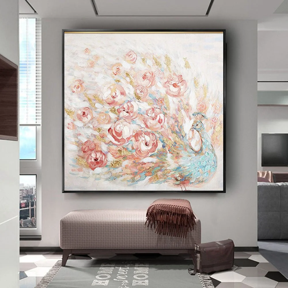 100% Handmade Oil Painting Modern Pink Peacock Picture Wall Art Canvas Pictures Children's Room Decor For Living Room Home Decor