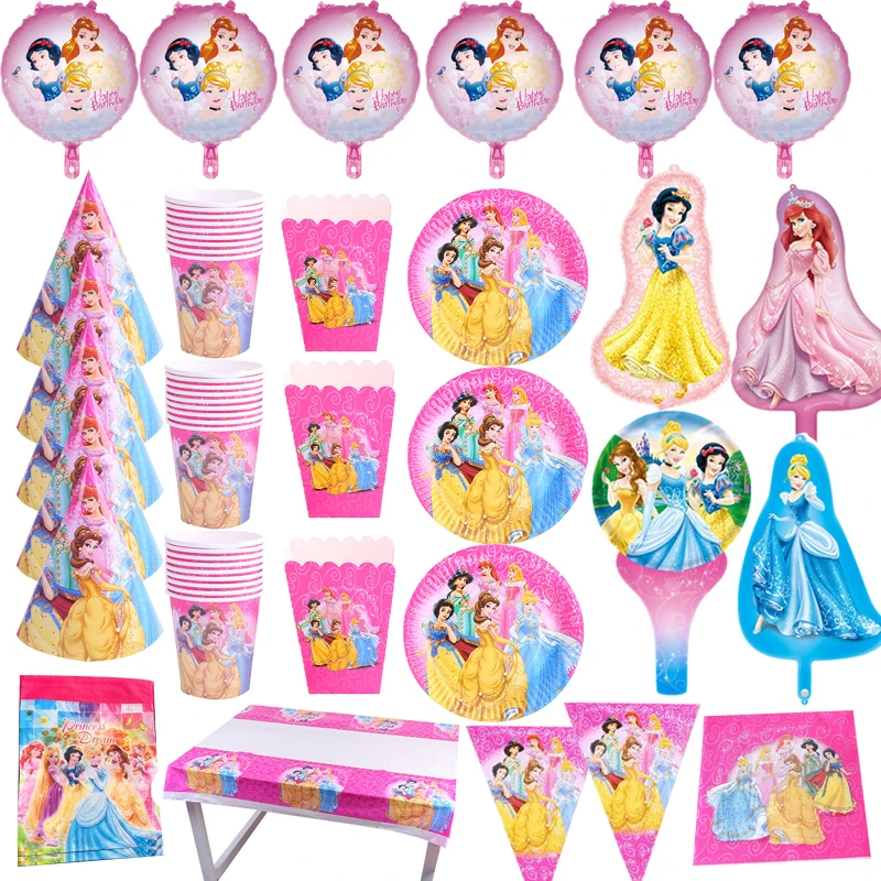 Disney Princess Theme Disposable Tableware Girl Birthday Party Decoration Paper Plates Cups Banner Kids Baby Shower Favors Set