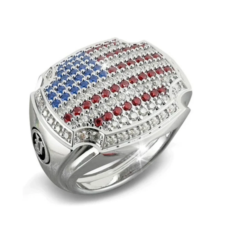 Luxury Women & Men America National Flag Blue and Red  Zircon Wedding  Band Rings for Bridal Ring Set Size 6-12