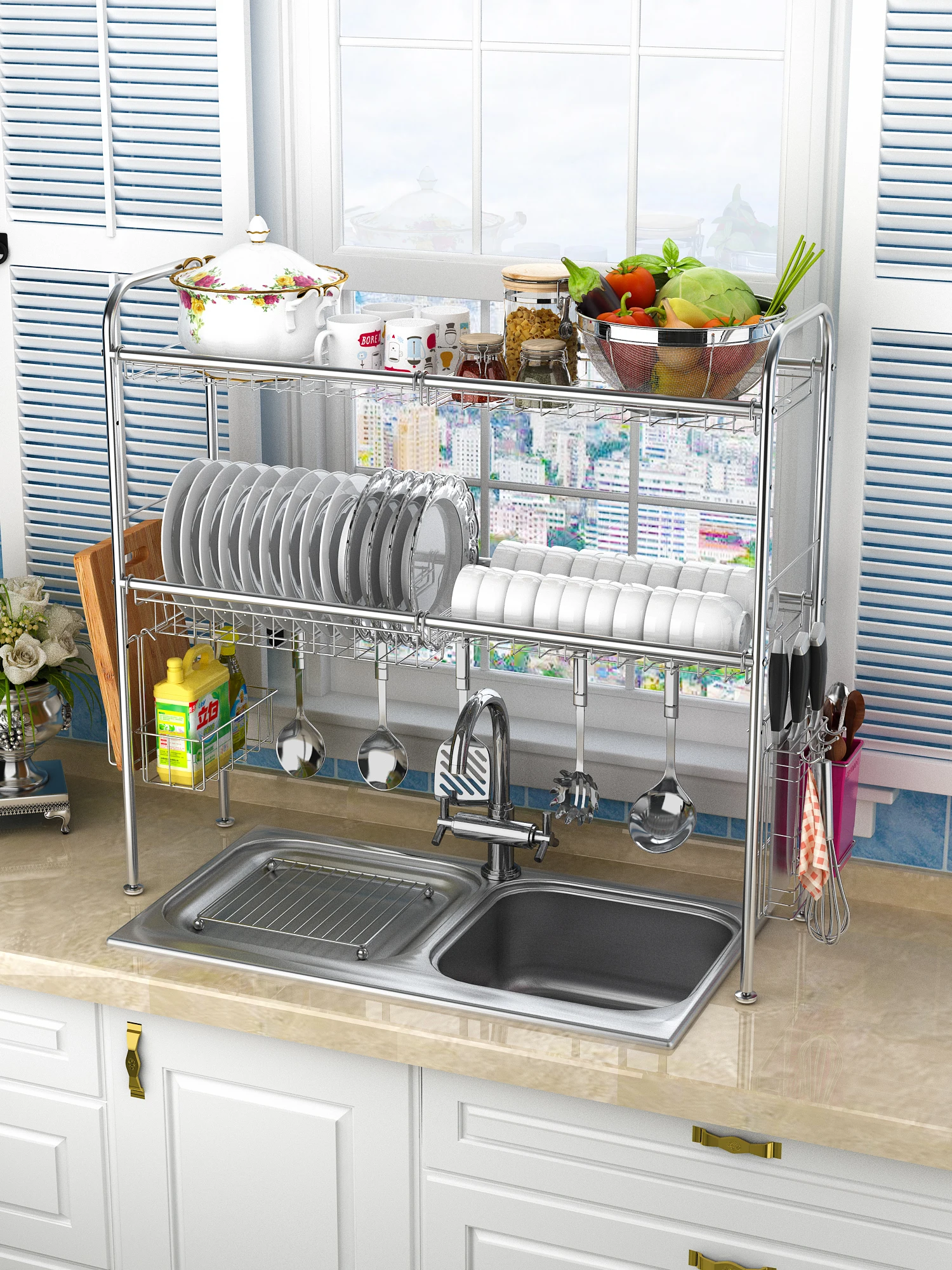 High Quality 304 Stainless Steel Bowl Rack Sink Drainage Rack Kitchen Shelf Articles Storage Rack Sink Hanging Bowl Rack