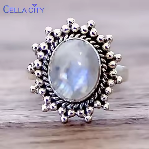Cellacity Thai Silver Ring for Women Fine Jewelry with Gemstones Oval Moonstone Vintage Female Accessory Gift Party Size5-11
