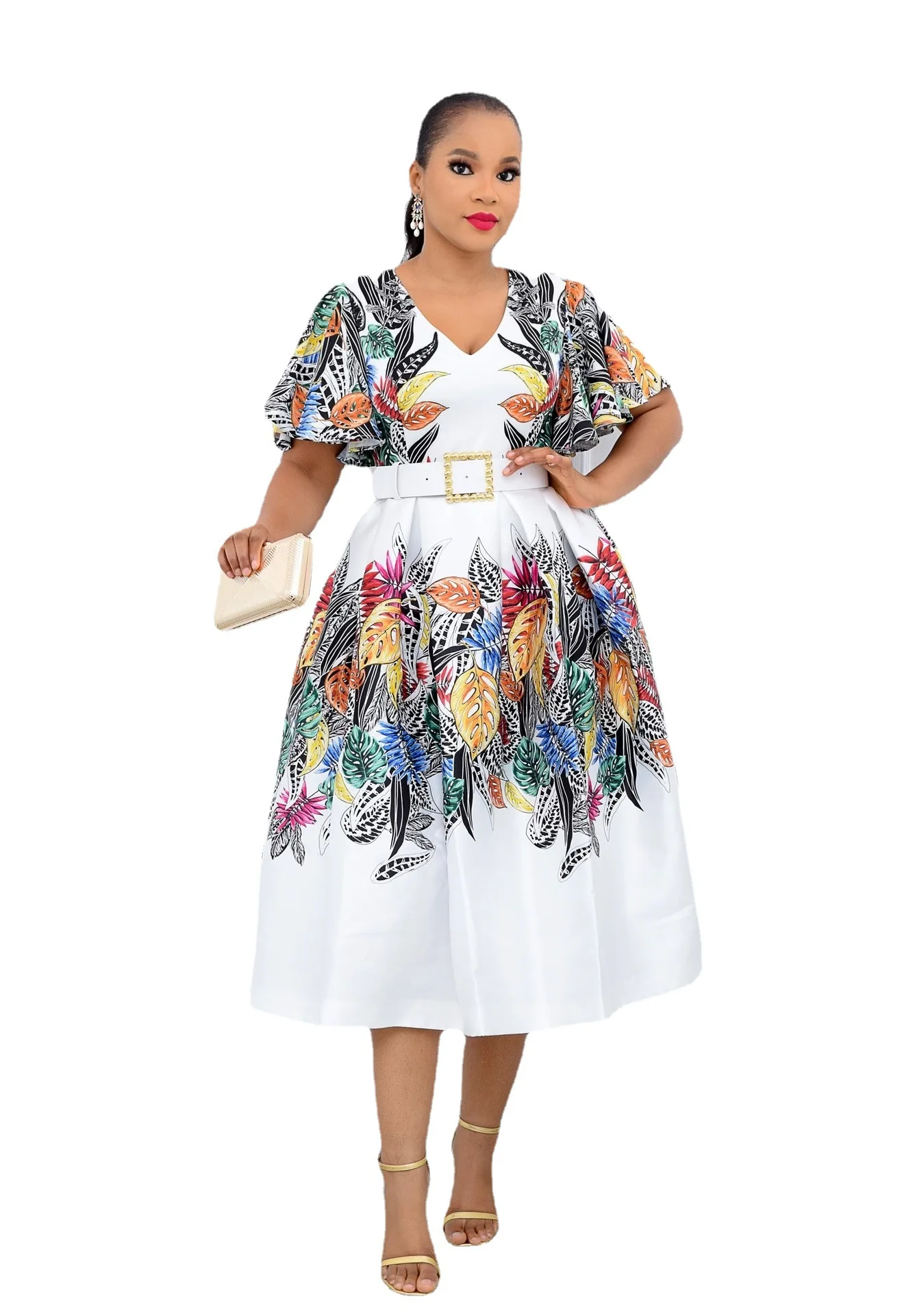 

African Dresses for Women Summer African Women Short Sleeve Printing V-neck Polyester Dress African Clothes Women No Belt