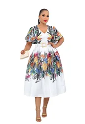 African Dresses for Women Summer African Women Short Sleeve Printing V-neck Polyester Dress African Clothes Women No Belt