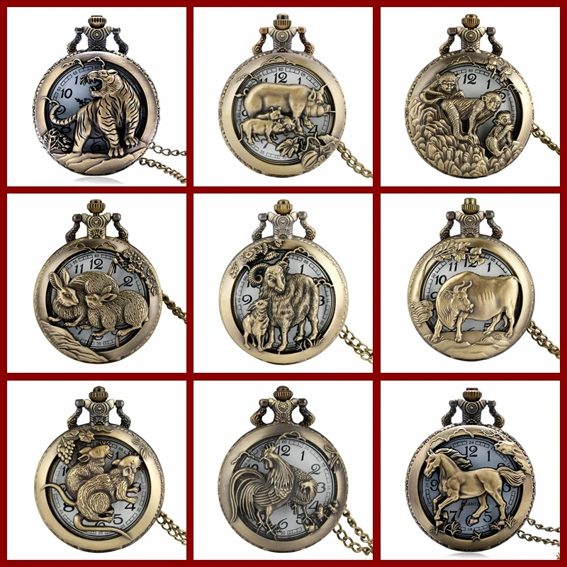 Bronze Vintage Chinese Zodiac healthy Quartz Pocket Watch Necklace Pendant Gift Fob Watches  Art Collectible Gifts for Men Women