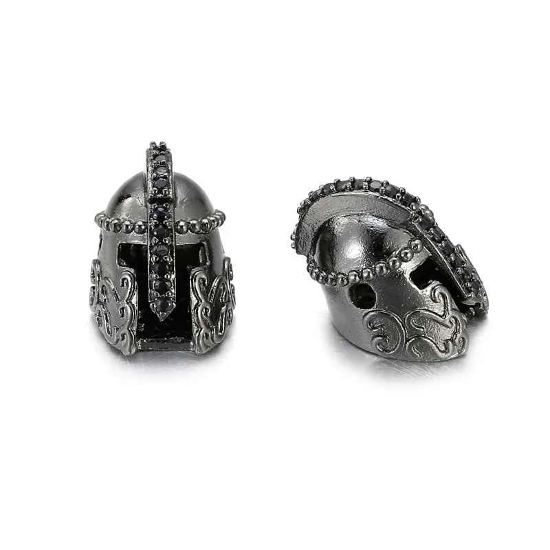 Spartan Knight Helmet Charms Copper Pave Black Cubic Zirconia Beads Pendant for DIY Craft Men Women Bracelet Jewelry Making