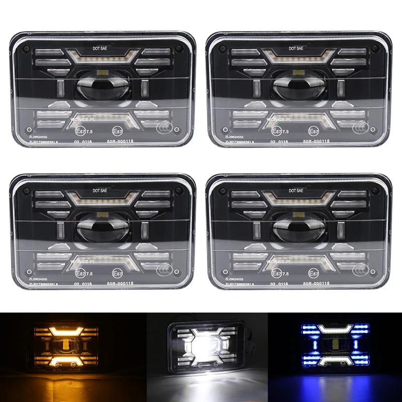 

4PCS 4X6 LED Headlight Halo Turn Signal DRL Hi Low Beam Headlamp For Kenworth Peterbil Replacement H4651 H4652 For Ford