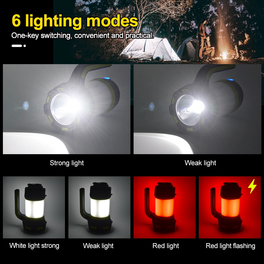 Portable Handheld LED Camping Light White/Red/Blue Light 6 Modes USB Charging Searchlight Night Emergency Work Light