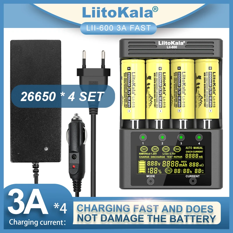 LiitoKala Lii-600 LCD Battery Charger For Li-ion 3.7V NiMH 1.2V Suitable 18650 26650 21700 18500 AA AAA Lii-51S HG2 NCR18650B