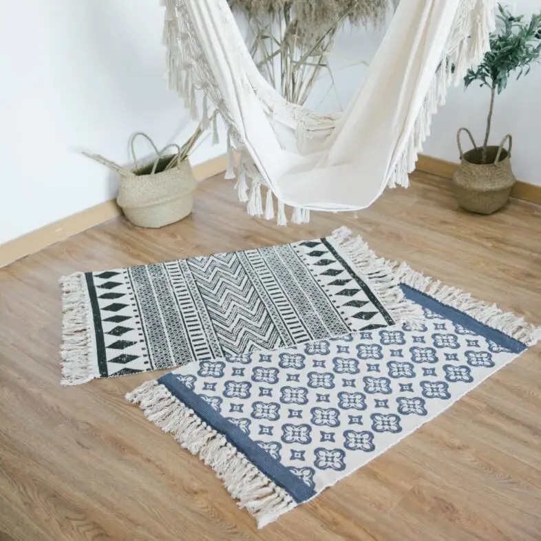Nordic Cotton Linen Bedside Carpet Geometric Woven Mat Bathroom Living Room Carpets Hand Made Indian Rug Bohemia Printing Mat view 3