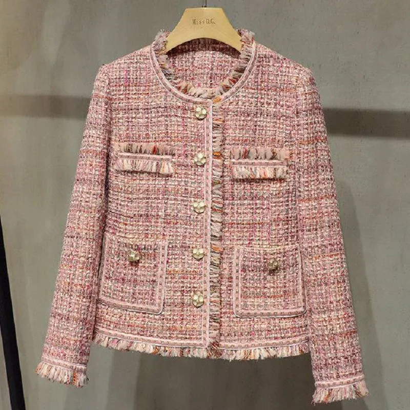 Woman's Outwear Desinger Coat Tweed Jacket Tassel OL Open Stitch Patchwork Ins Elegant Office Lady Vintage Business Fashion Pink