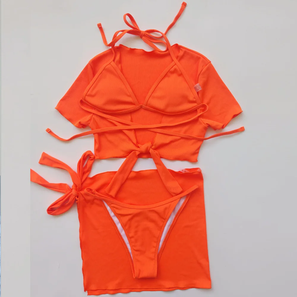 VigoCasey Orange 4PCS/Set Swimwear Women Sexy High Waist Neck Bikini Set 2025 Swimsuit Short Tied Sleeve Bathing Suit Swim Wear