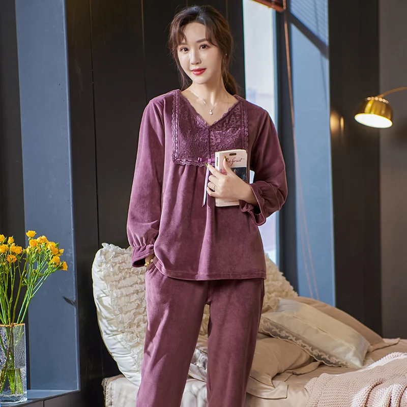 Women's Pajamas Thick Island Fleece Autumn Winter Pyjamas Female Pijamas Mujer Sleepwear Long-Sleeve Pullover Lounge Sleep Set