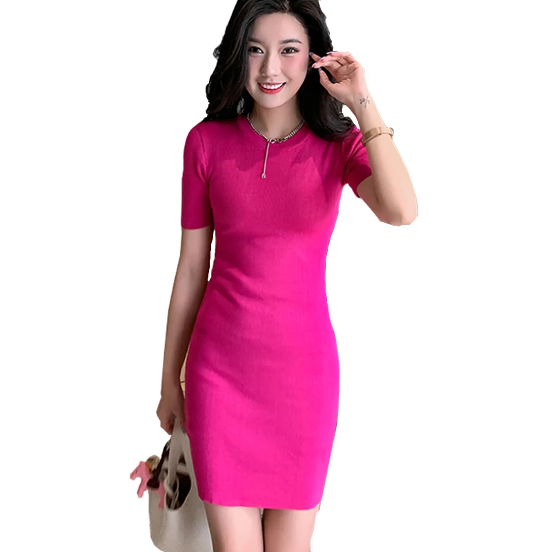 Dresses For Women 2022 Summer Korean Style Casual Solid Mini O Neck Short Sleeve Knitted Woman Slim Thin Black Bodycon Dress