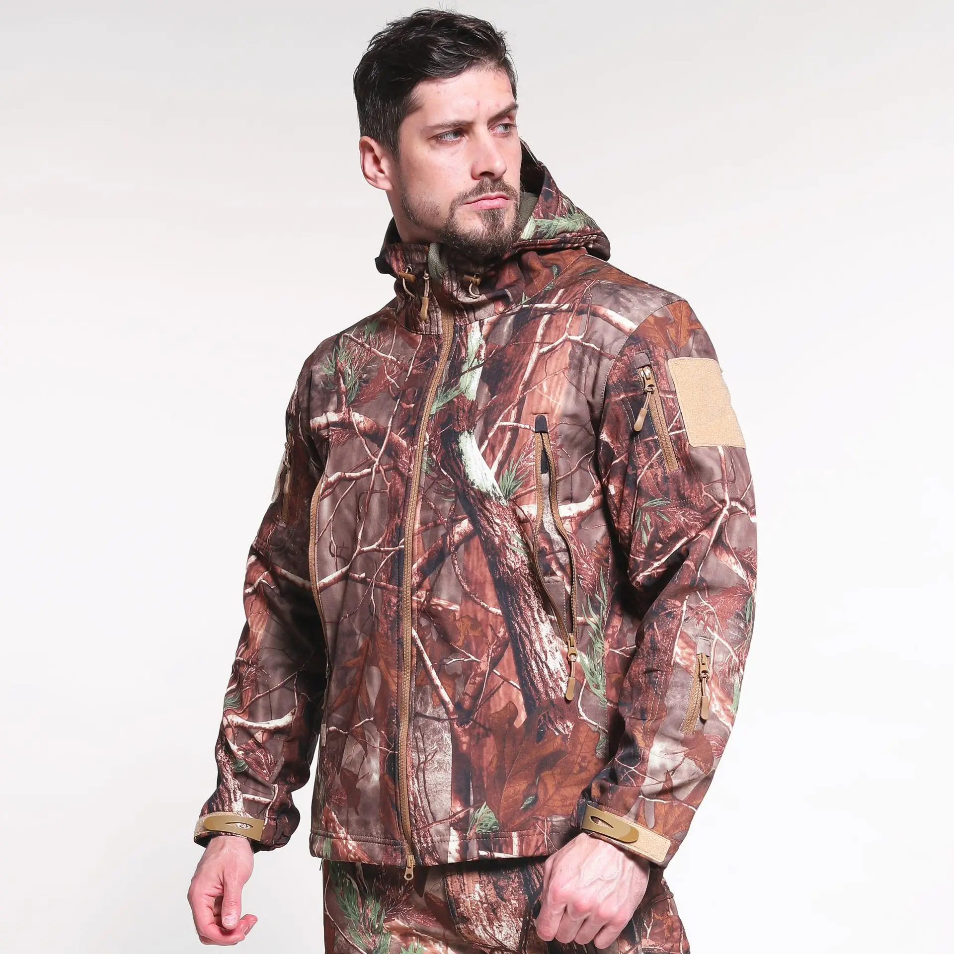 Autumn Winter Fleece Inside Thermal Tree Camo Hunting Fishing Jacket Coat  Outdoor Wind Waterproof Tactical Hiking Hooded Jacket