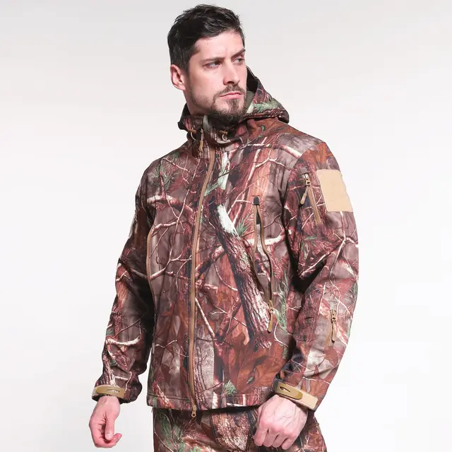 Jesienno-zimowy polar wewnątrz drzewa termicznego Camo polowanie kurtka wędkarska płaszcz Outdoor wiatroszczelna taktyczna kurtka turystyczna z kapturem