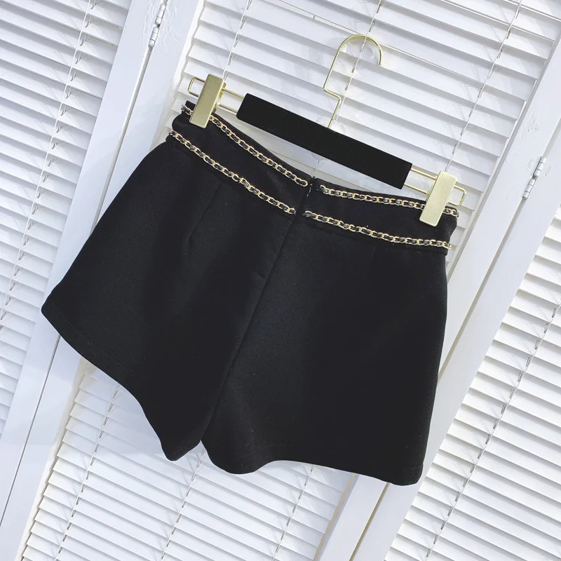 Fashion New Chain Loose Straight Casual High Waist Shorts Womens Summer Concise Black Vintage Wide Leg Shorts Korean Style