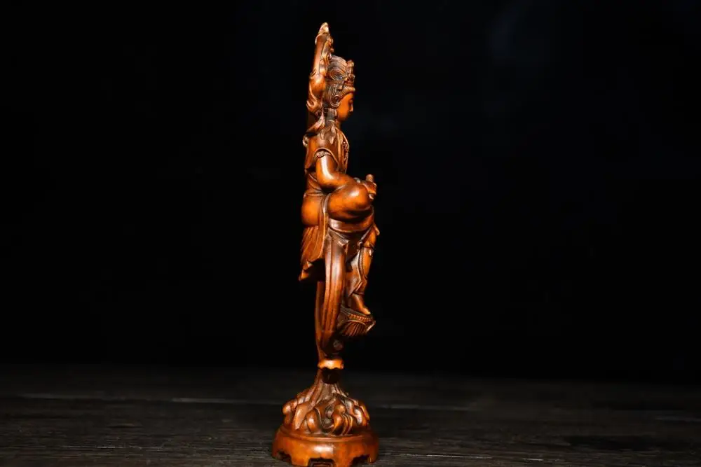 

7"Xizang Folk Collection Old Boxwood Guanyin Buddha Statue Flame Backlight Avalokitesvara Worship Hall Town house