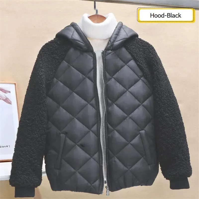 lambswool women's coat short jacket hood loose lamb-like wool trend female cotton coat winter outwear Lightweight cotton-padded