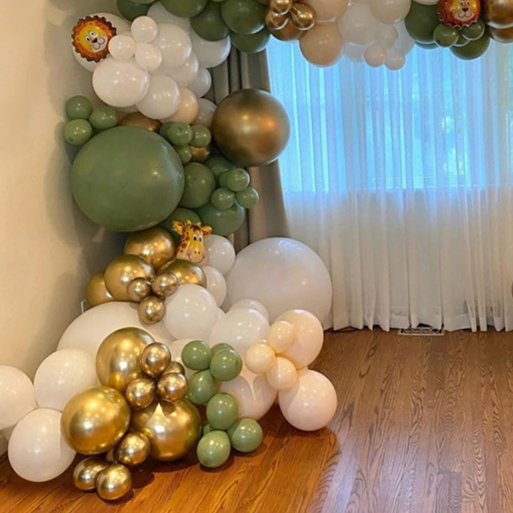 141pcs Avocado Green White Balloon Garland Arch Kit Metallic Gold Globos Jungle Theme Baby Shower Kids Birthday Party Decoration