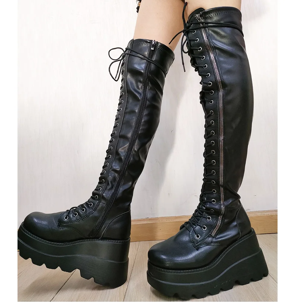 Marka projekt kobiet kliny wysokie obcasy zakolanówki buty moda czarne buty na platformie kobiety 2022 Gothic Cosplay buty kobieta