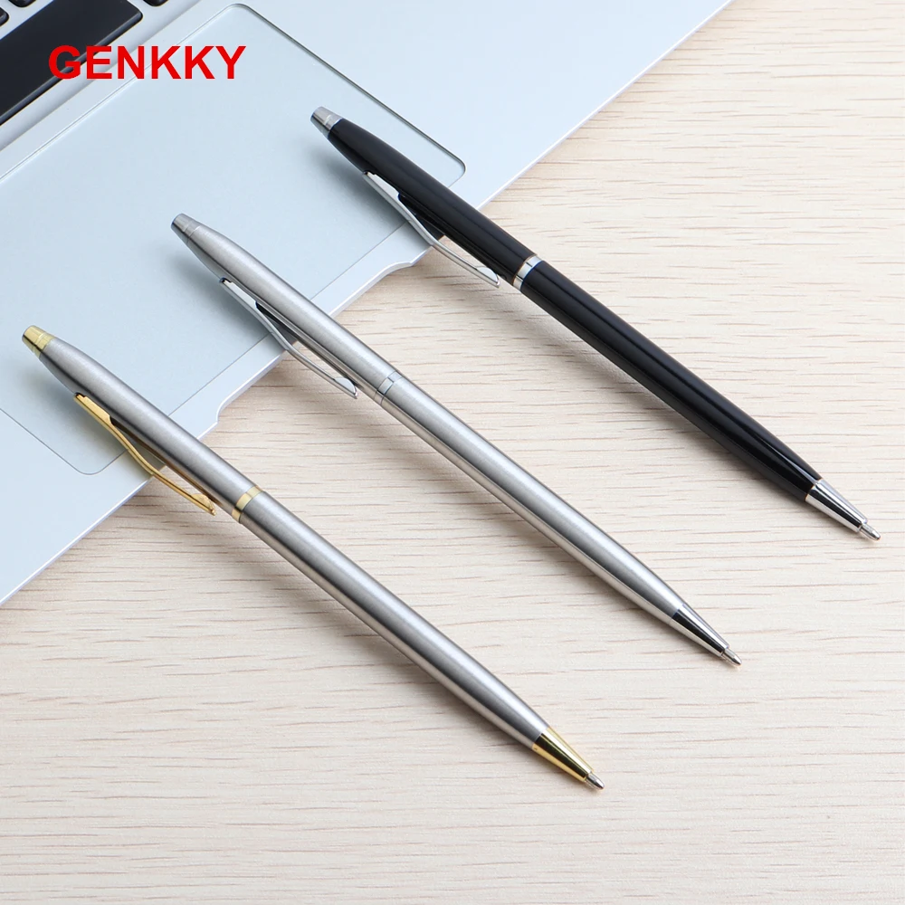 2/11 PCS Ballpoint Pen Full Metal Silver Color Ball Pens For School Office Stainless Steel Rod Rotating Ink Color Black Blue