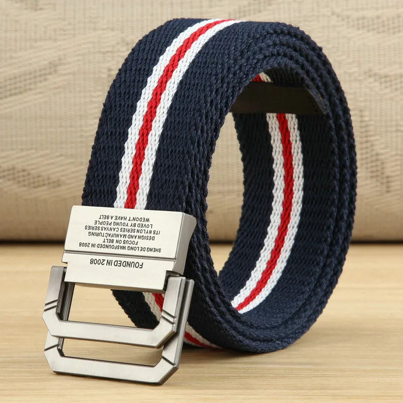 BOKADIAO Men Canvas Belt Luxury Metal Double Ring Buckle Jeans Belts for Women Fashion Casual Stripes Waistband Nylon male strap