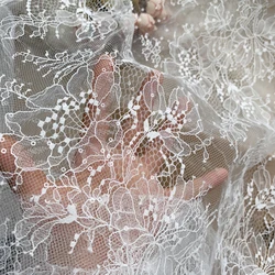 Off White Net Flowers Lace Fabric with Sequins Allover Shiny, 1.5 Meters Wide High Quality Lining Fabric 1M Promot