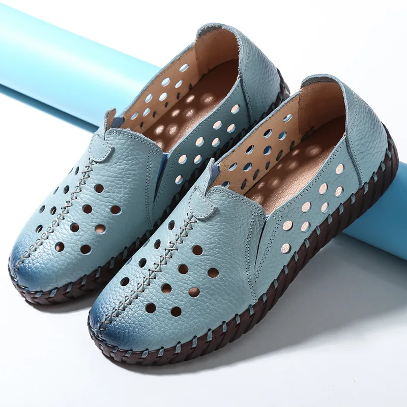 GKTINOO 2024 Summer Genuine Leather Vintage Loafers Shoes Women Lazy Slip-On Handmade Leather Breathable Hollow Soft Shoes Woman